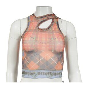 Ottolinger Womens Asymetrical Mesh Plaid Logo Top Small Orange Blue Sleeveless